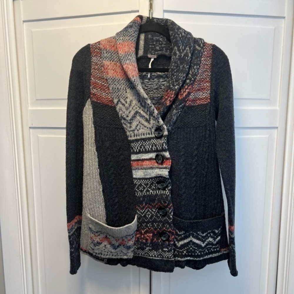 Free People Nordic Boho Patchwork Wool Blend Cardigan Size Medium Multi …